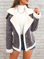 Women's -Like Winter Jacket - Pink & White Collar Coat with Pockets, Machine Washable Outerwear, Soft -like Fabric