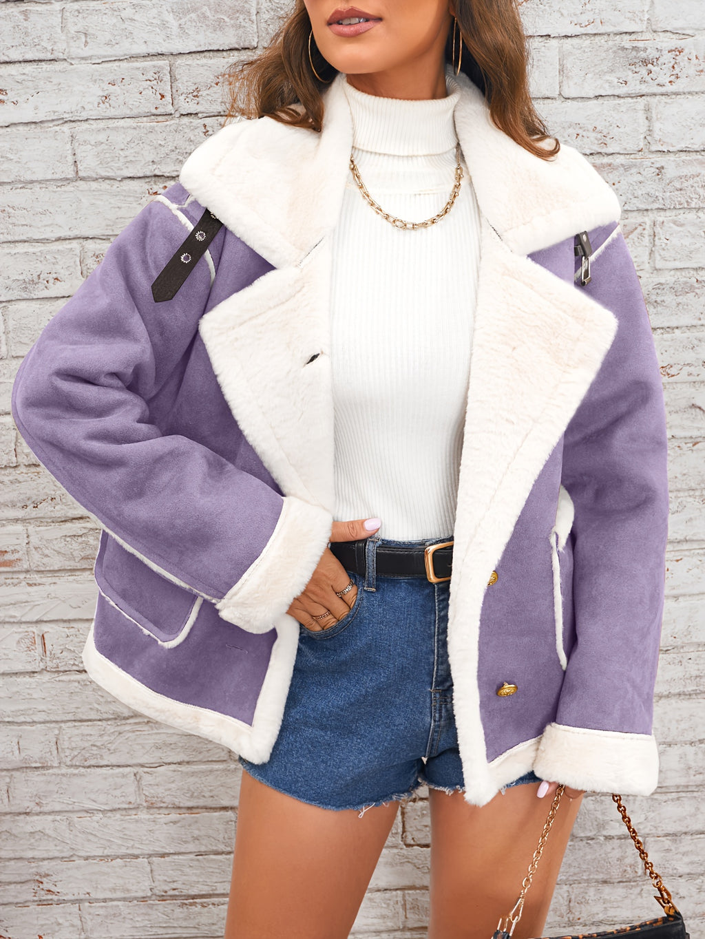 Women's -Like Winter Jacket - Pink & White Collar Coat with Pockets, Machine Washable Outerwear, Soft -like Fabric