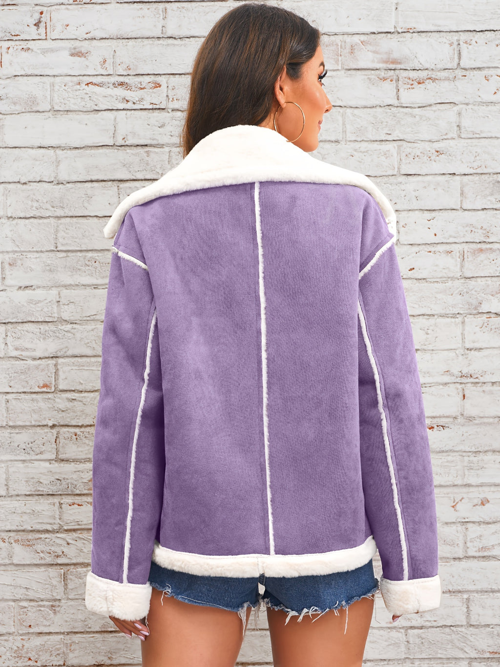Women's -Like Winter Jacket - Pink & White Collar Coat with Pockets, Machine Washable Outerwear, Soft -like Fabric
