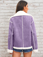 Women's -Like Winter Jacket - Pink & White Collar Coat with Pockets, Machine Washable Outerwear, Soft -like Fabric