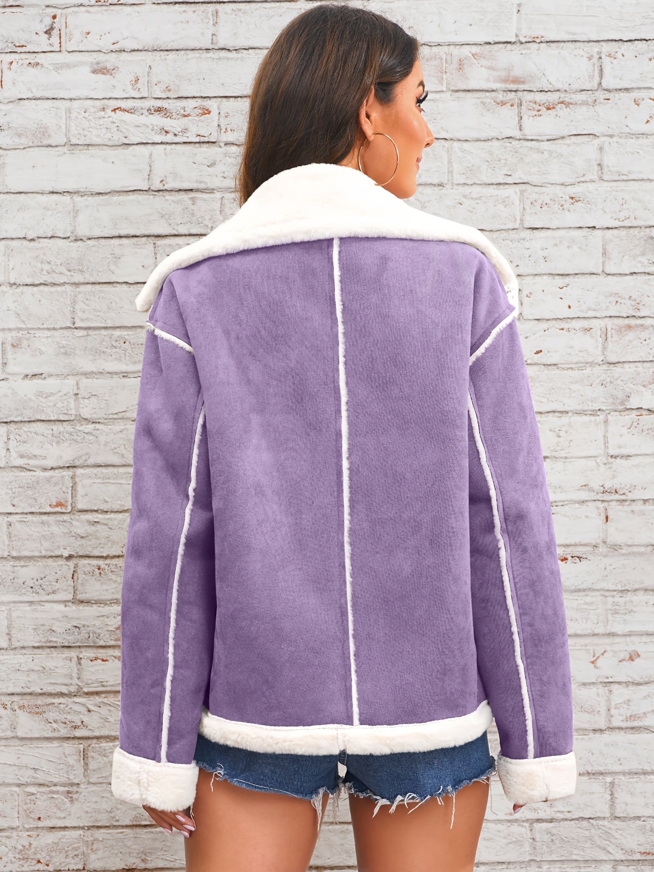 Women's -Like Winter Jacket - Pink & White Collar Coat with Pockets, Machine Washable Outerwear, Soft -like Fabric