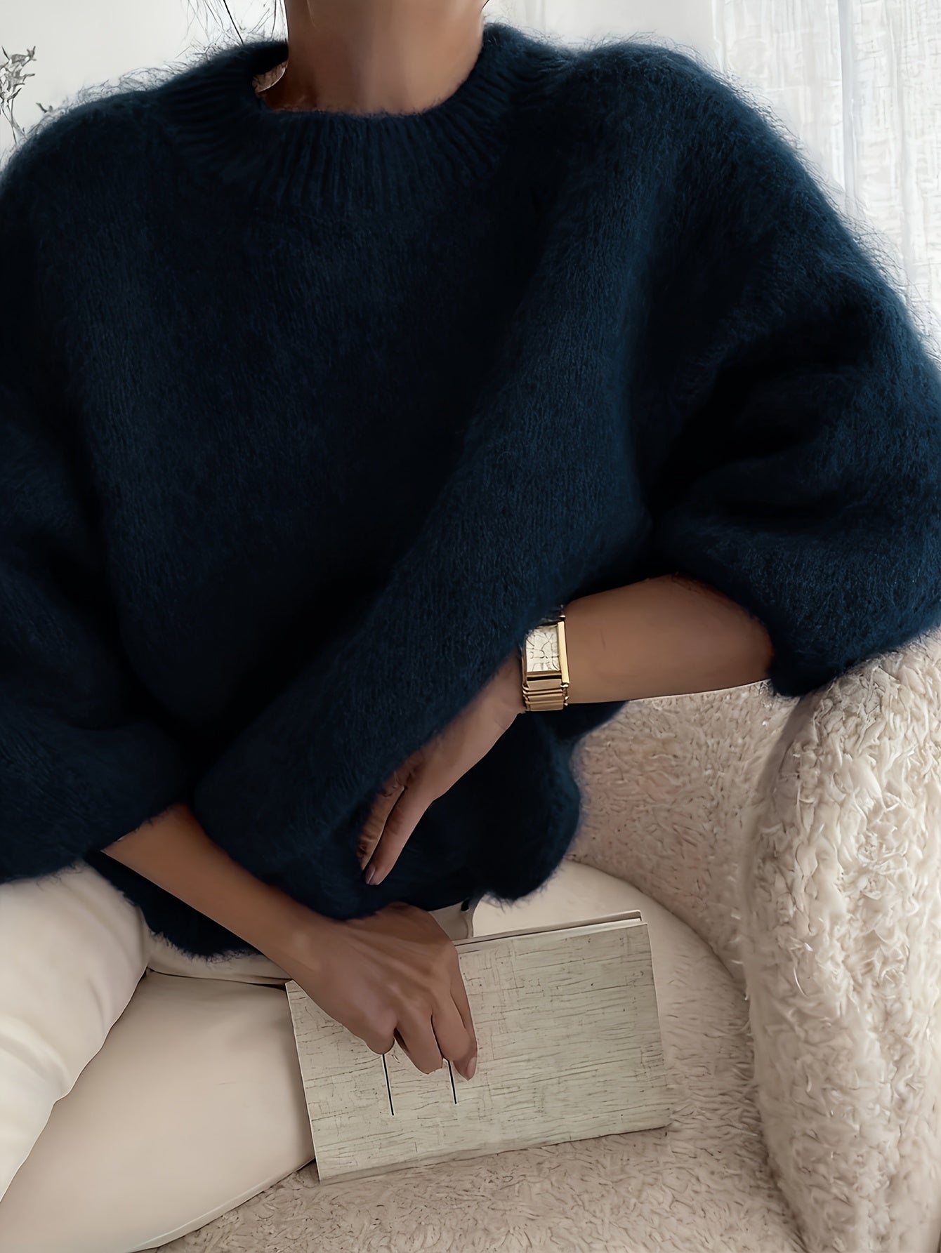 Women's Alpaca Sweater - Elegant Round Neck Winter Coat, Soft Warm Pure Color Blouses | High Elasticity for a Flattering Fit |