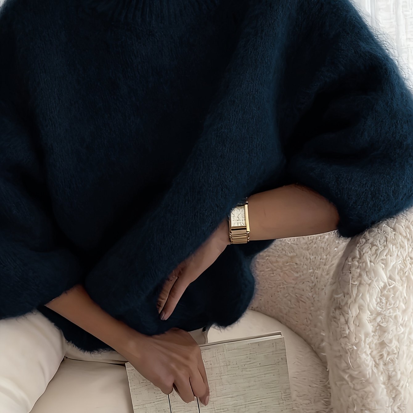 Women's Alpaca Sweater - Elegant Round Neck Winter Coat, Soft Warm Pure Color Blouses | High Elasticity for a Flattering Fit |