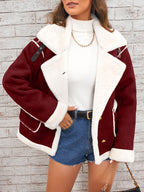 Women's -Like Winter Jacket - Pink & White Collar Coat with Pockets, Machine Washable Outerwear, Soft -like Fabric