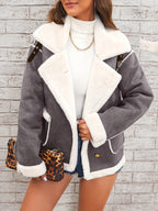 Women's -Like Winter Jacket - Pink & White Collar Coat with Pockets, Machine Washable Outerwear, Soft -like Fabric