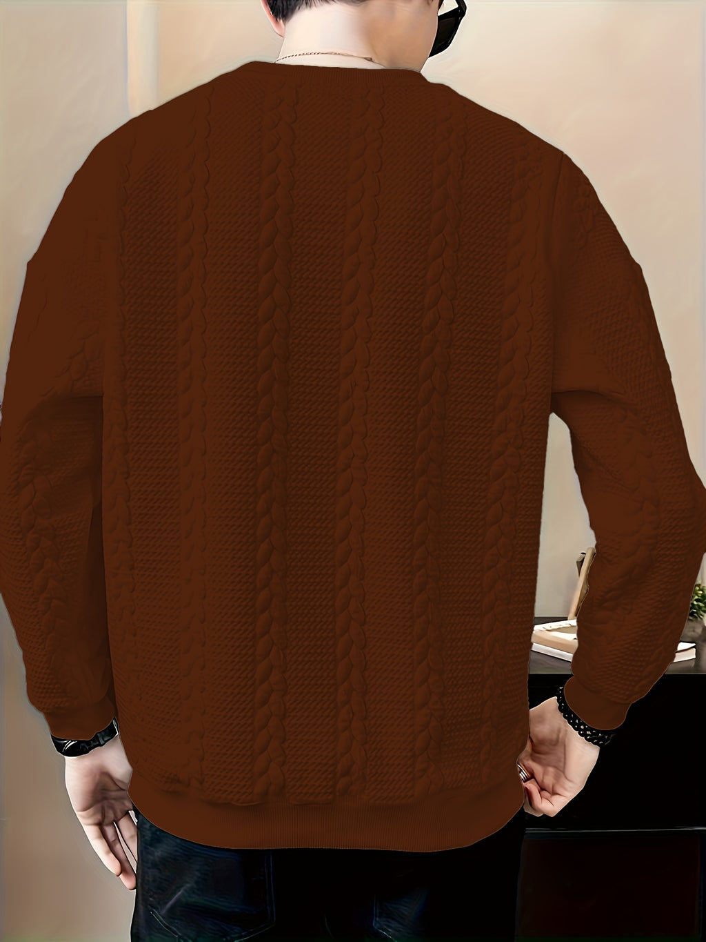 Men's Solid Color Crew Neck Twist Knit Sweater, Autumn/Winter Casual Pullover