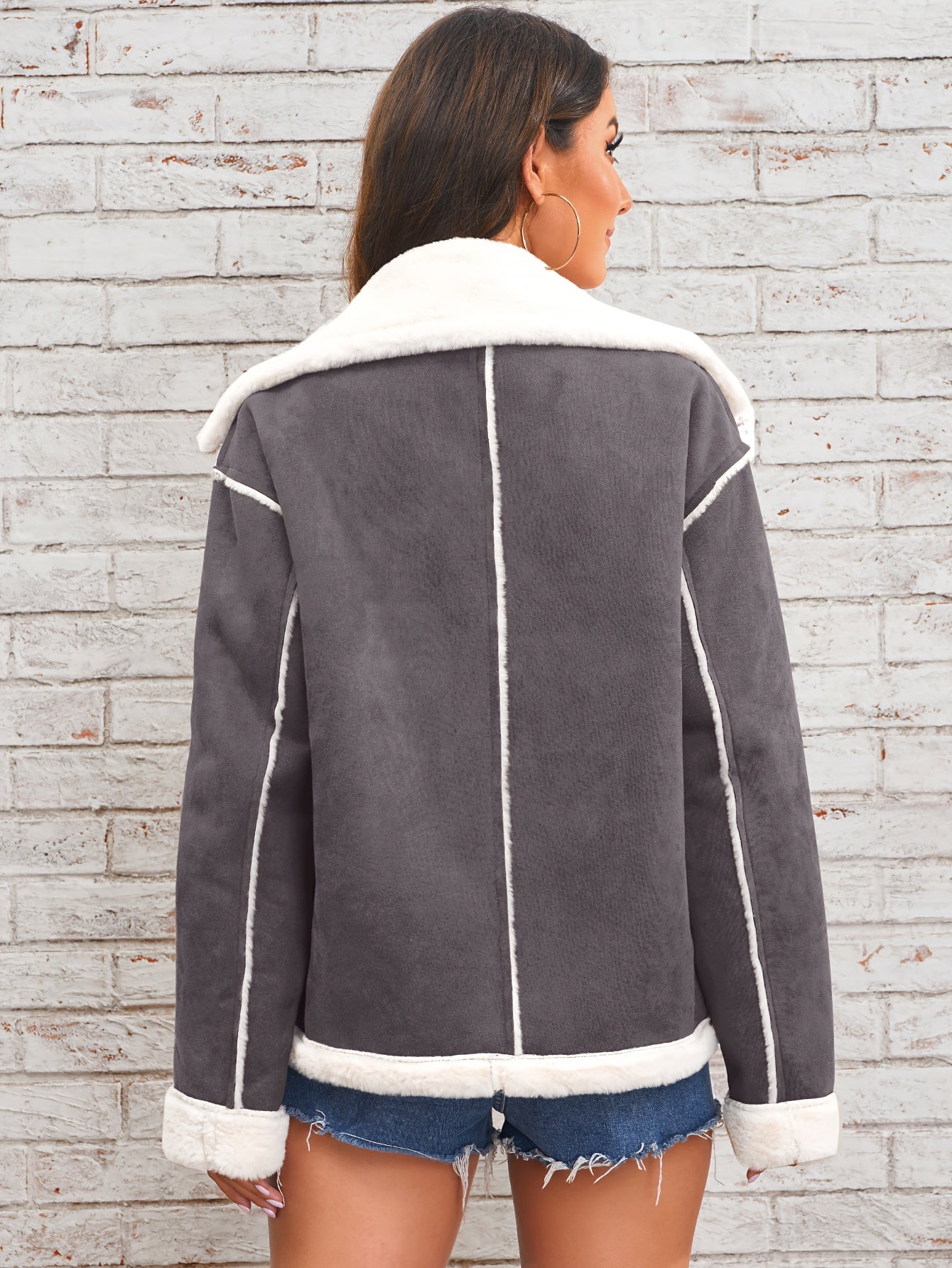 Women's -Like Winter Jacket - Pink & White Collar Coat with Pockets, Machine Washable Outerwear, Soft -like Fabric