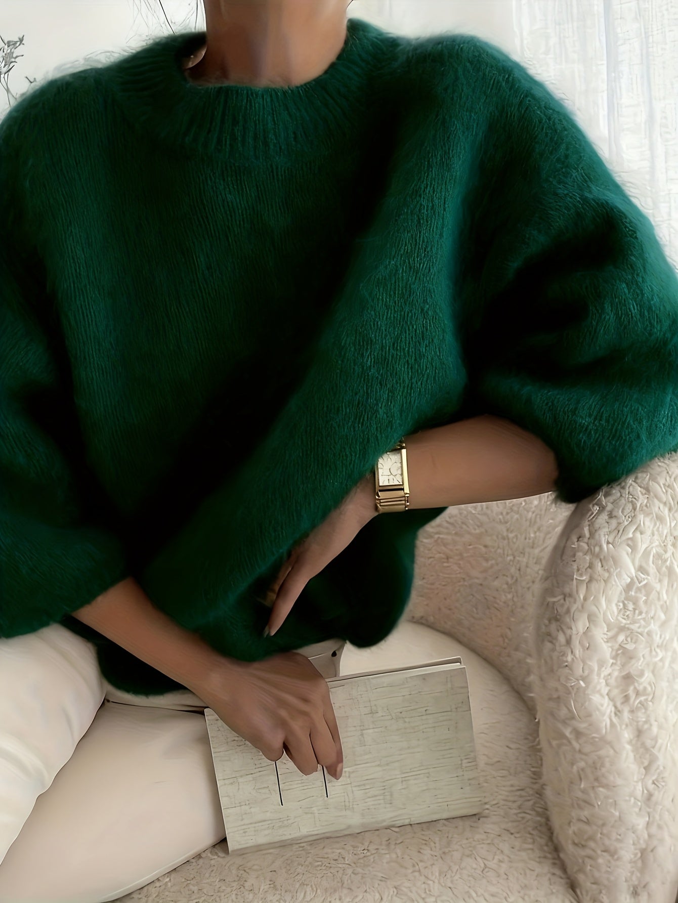 Women's Alpaca Sweater - Elegant Round Neck Winter Coat, Soft Warm Pure Color Blouses | High Elasticity for a Flattering Fit |