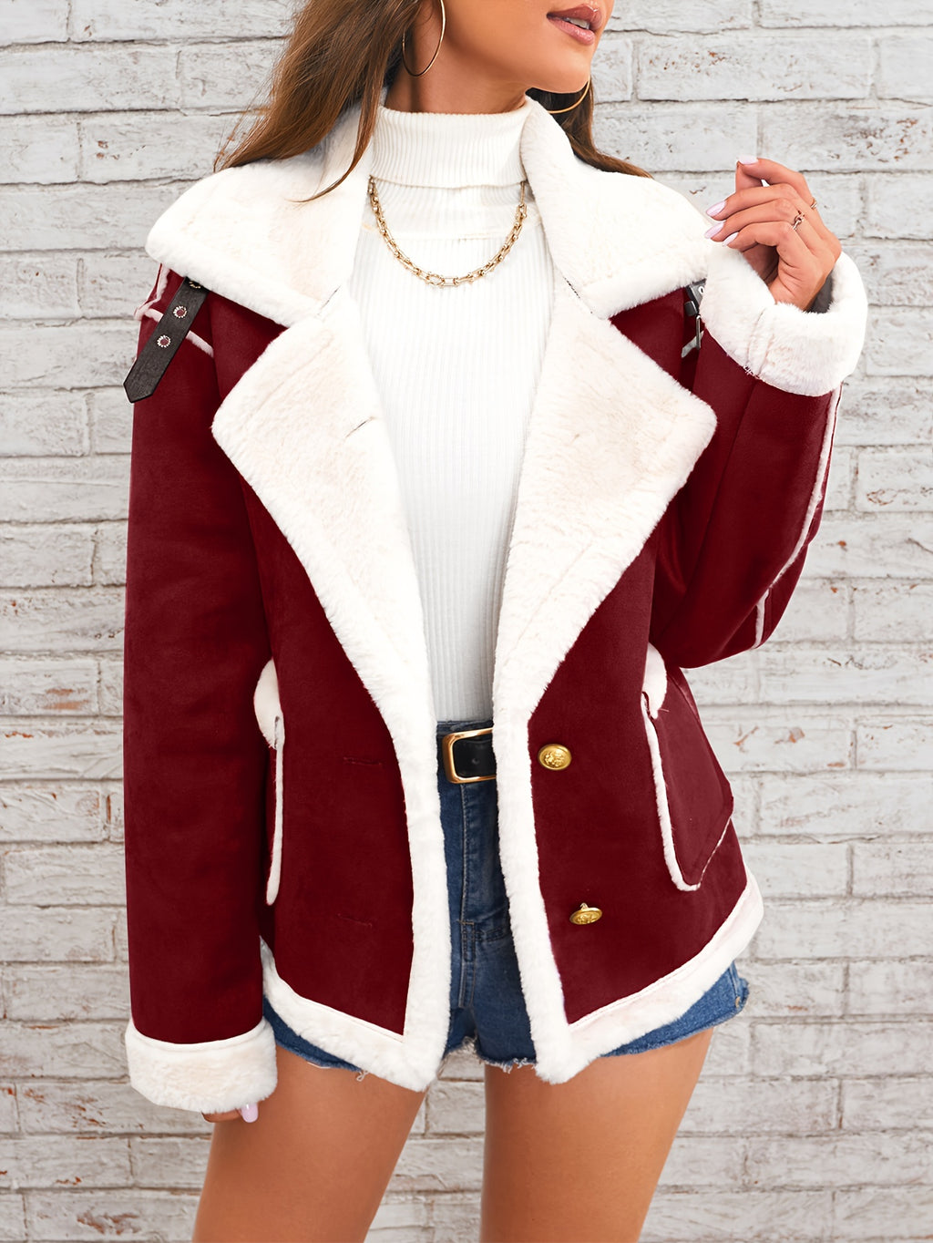 Women's -Like Winter Jacket - Pink & White Collar Coat with Pockets, Machine Washable Outerwear, Soft -like Fabric