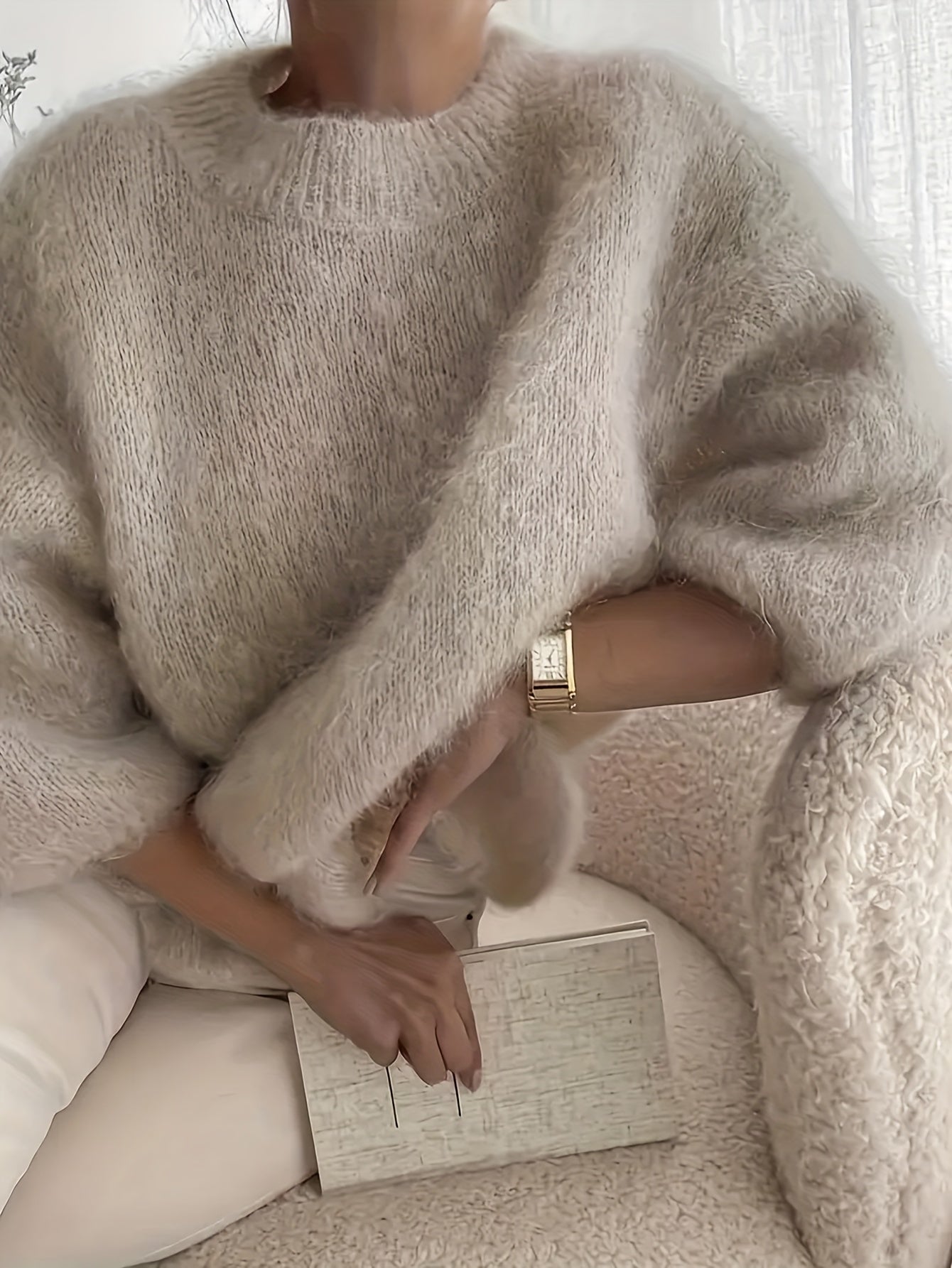 Women's Alpaca Sweater - Elegant Round Neck Winter Coat, Soft Warm Pure Color Blouses | High Elasticity for a Flattering Fit |