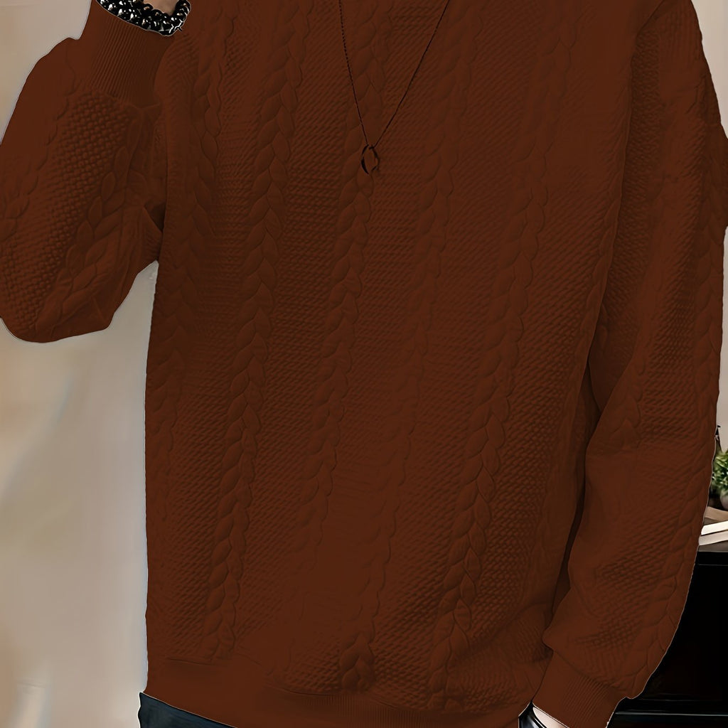 Men's Solid Color Crew Neck Twist Knit Sweater, Autumn/Winter Casual Pullover