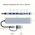 8-in-1 USB Hub With 4 USB Ports, USB-C Connector, TF/SD Card Reader, Audio Output, Compatible With MacBook/iPad Pro/Dell/HP Laptops & Phones, 5.3in Cable - High-Speed Data Transfer & Expansion
