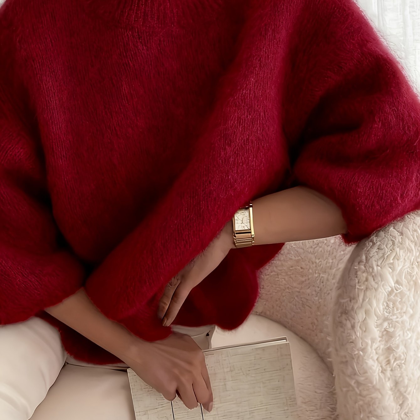 Women's Alpaca Sweater - Elegant Round Neck Winter Coat, Soft Warm Pure Color Blouses | High Elasticity for a Flattering Fit |