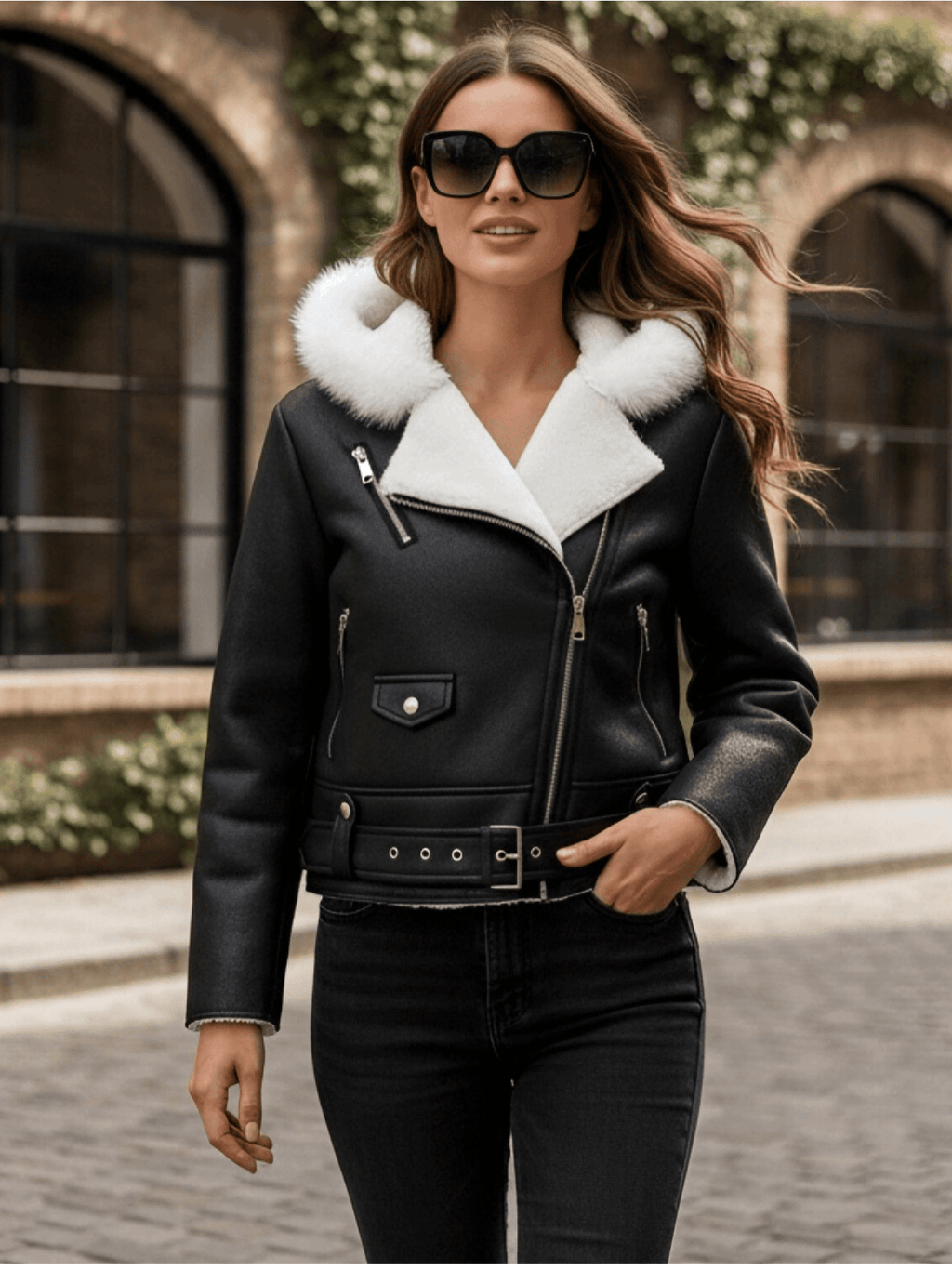 Women's Bomber Jacket with White Collar, Stylish Winter Jacket
