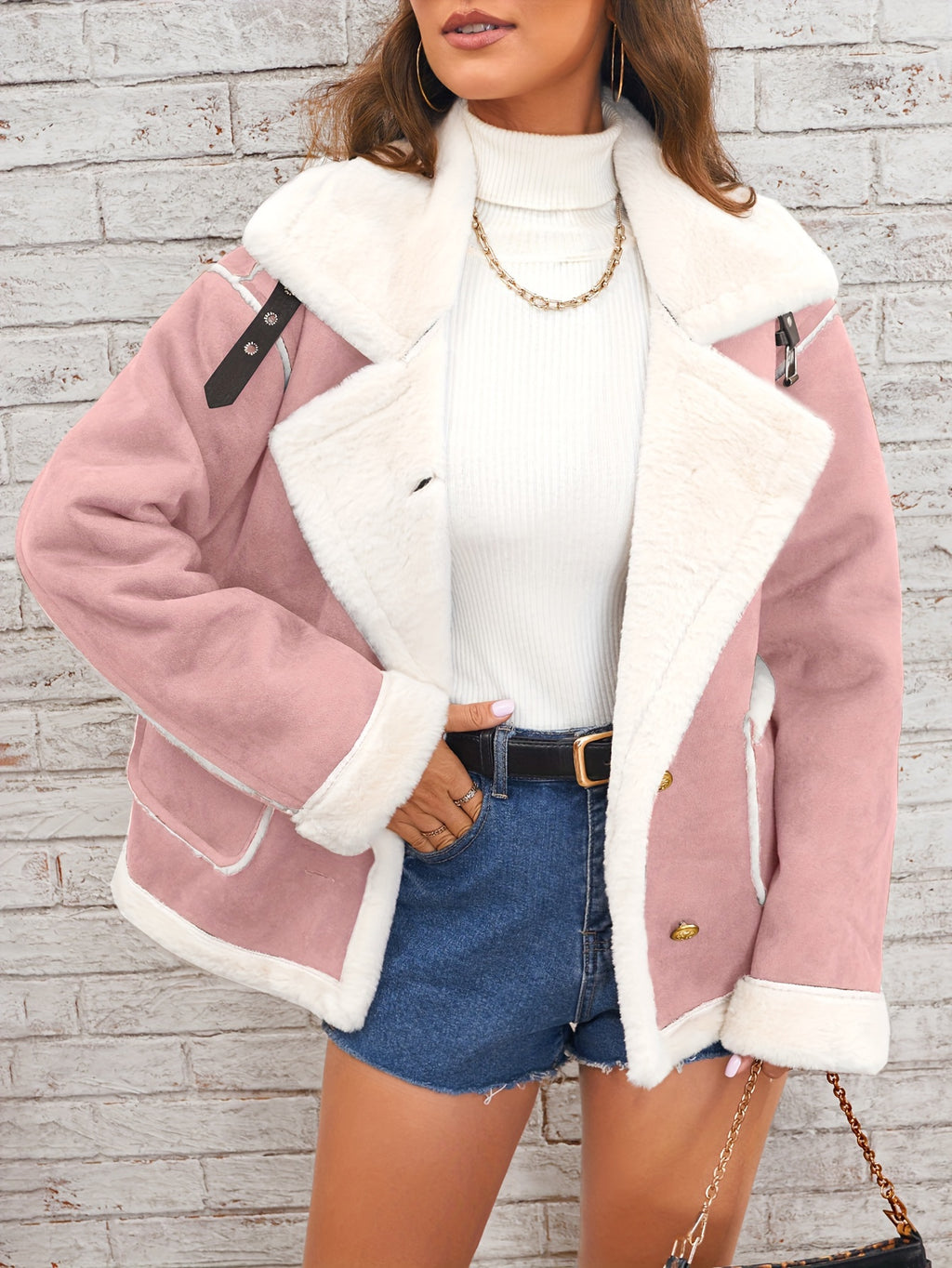 Women's -Like Winter Jacket - Pink & White Collar Coat with Pockets, Machine Washable Outerwear, Soft -like Fabric