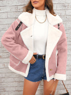 Women's -Like Winter Jacket - Pink & White Collar Coat with Pockets, Machine Washable Outerwear, Soft -like Fabric