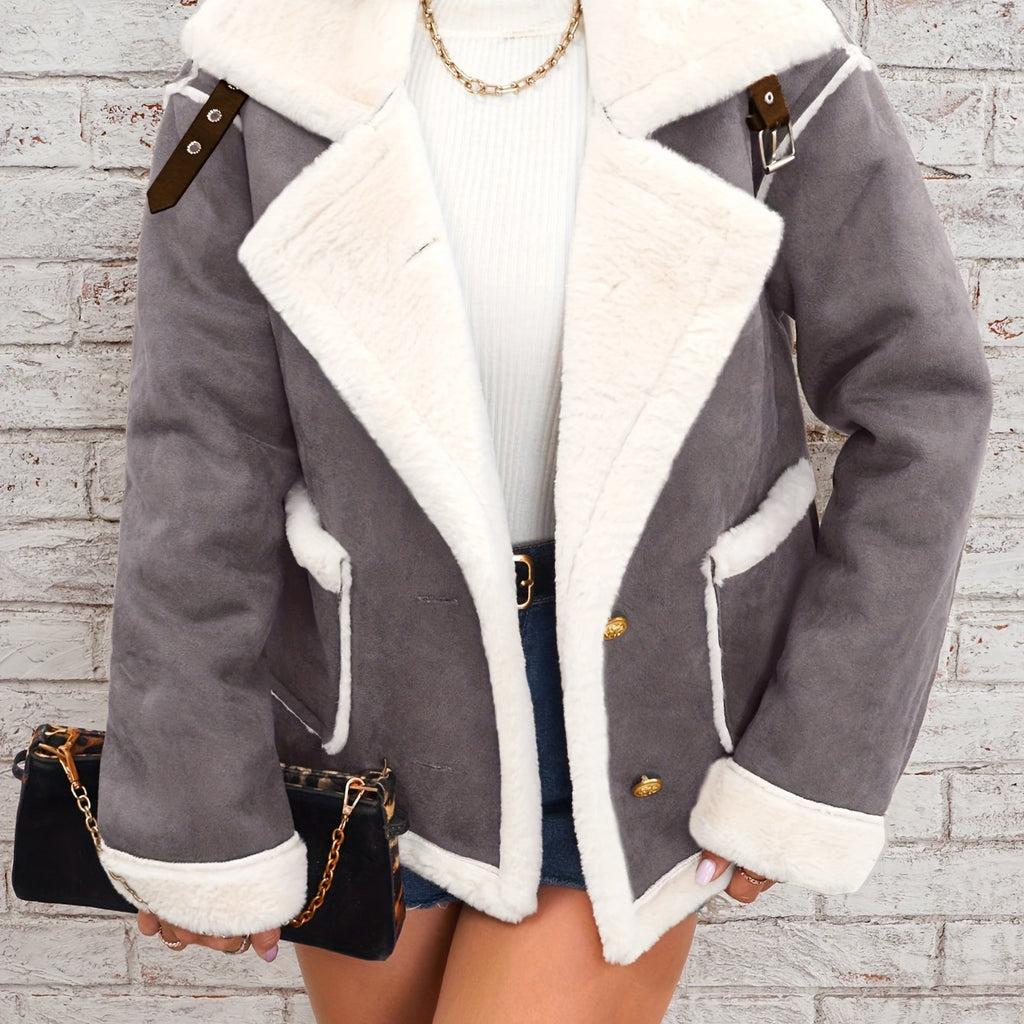 Women's -Like Winter Jacket - Pink & White Collar Coat with Pockets, Machine Washable Outerwear, Soft -like Fabric