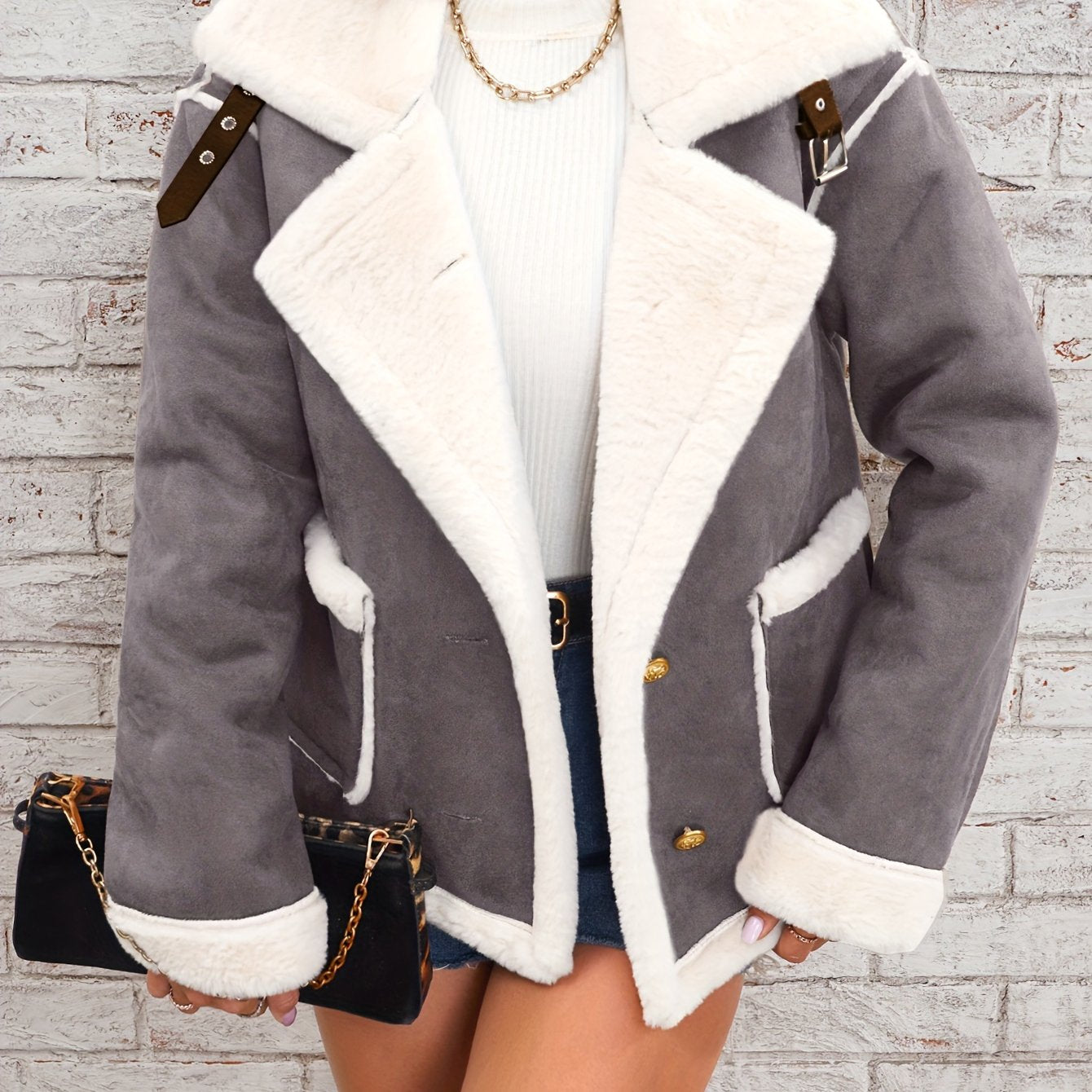 Women's -Like Winter Jacket - Pink & White Collar Coat with Pockets, Machine Washable Outerwear, Soft -like Fabric
