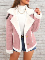 Women's -Like Winter Jacket - Pink & White Collar Coat with Pockets, Machine Washable Outerwear, Soft -like Fabric