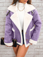 Women's -Like Winter Jacket - Pink & White Collar Coat with Pockets, Machine Washable Outerwear, Soft -like Fabric