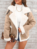 Women's -Like Winter Jacket - Pink & White Collar Coat with Pockets, Machine Washable Outerwear, Soft -like Fabric