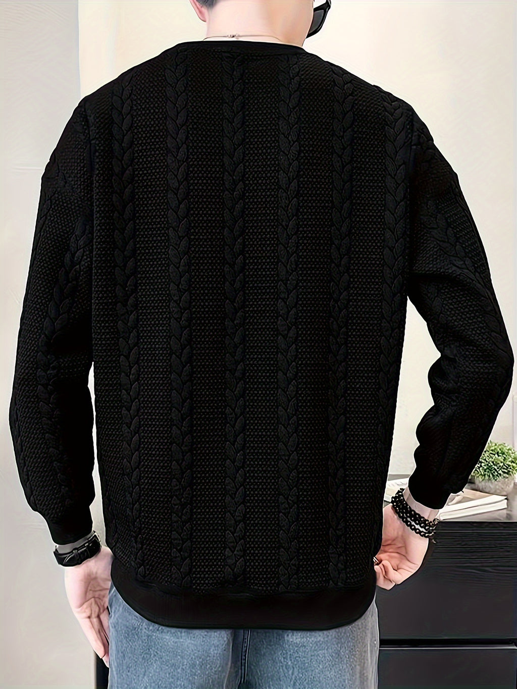 Men's Solid Color Crew Neck Twist Knit Sweater, Autumn/Winter Casual Pullover