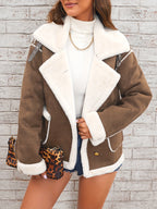 Women's -Like Winter Jacket - Pink & White Collar Coat with Pockets, Machine Washable Outerwear, Soft -like Fabric