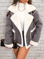 Women's -Like Winter Jacket - Pink & White Collar Coat with Pockets, Machine Washable Outerwear, Soft -like Fabric