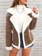 Women's -Like Winter Jacket - Pink & White Collar Coat with Pockets, Machine Washable Outerwear, Soft -like Fabric
