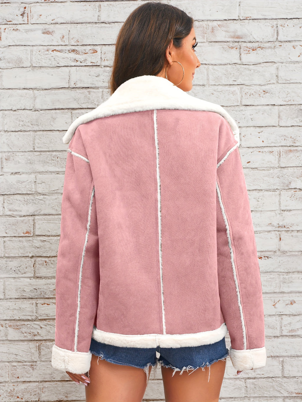 Women's -Like Winter Jacket - Pink & White Collar Coat with Pockets, Machine Washable Outerwear, Soft -like Fabric