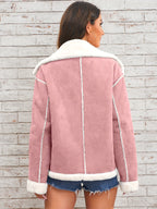 Women's -Like Winter Jacket - Pink & White Collar Coat with Pockets, Machine Washable Outerwear, Soft -like Fabric