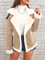 Women's -Like Winter Jacket - Pink & White Collar Coat with Pockets, Machine Washable Outerwear, Soft -like Fabric