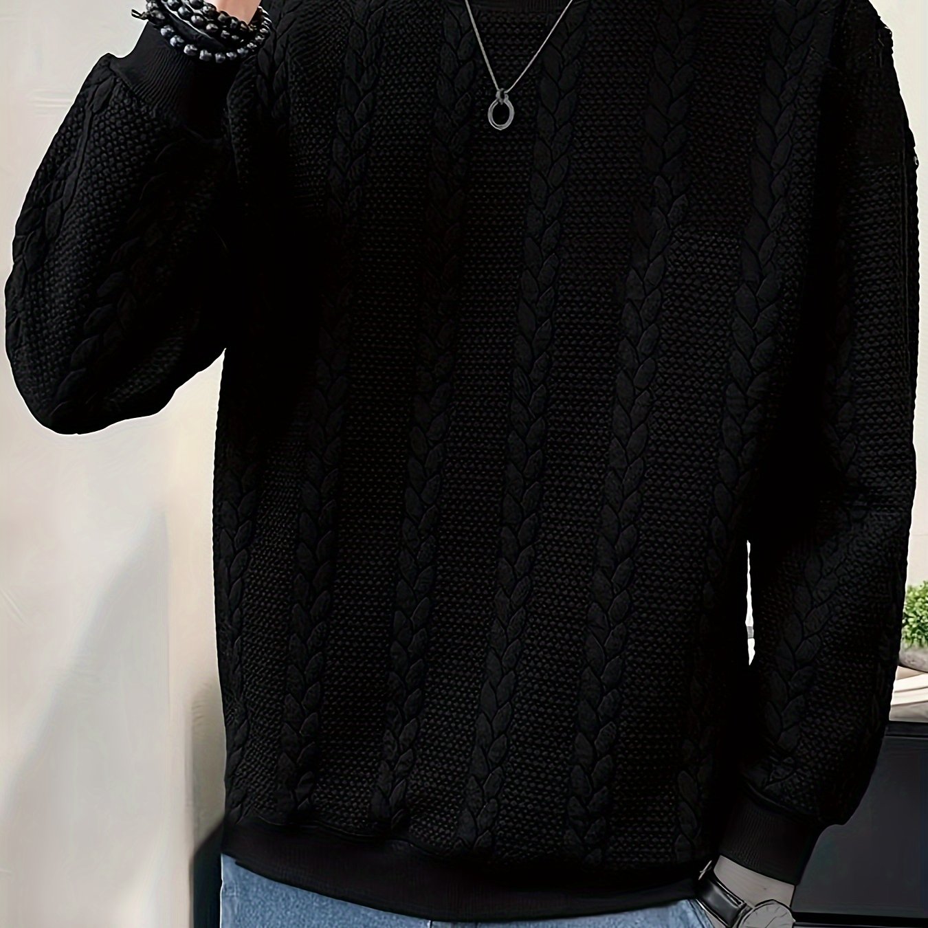 Men's Solid Color Crew Neck Twist Knit Sweater, Autumn/Winter Casual Pullover