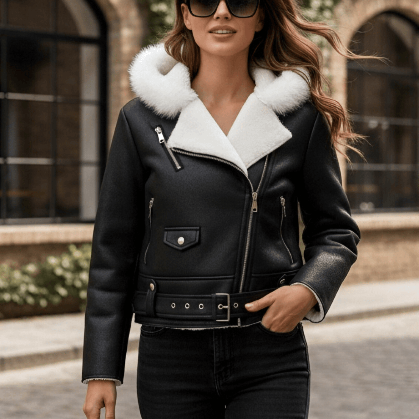 Women's Bomber Jacket with White Collar, Stylish Winter Jacket