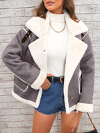 Women's -Like Winter Jacket - Pink & White Collar Coat with Pockets, Machine Washable Outerwear, Soft -like Fabric