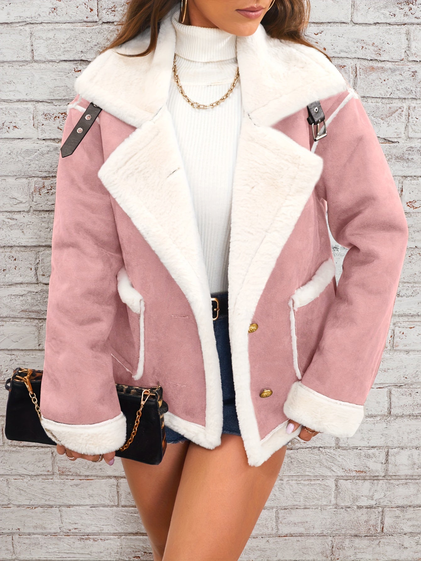 Women's -Like Winter Jacket - Pink & White Collar Coat with Pockets, Machine Washable Outerwear, Soft -like Fabric