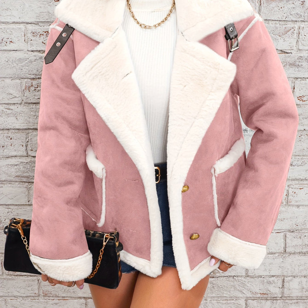 Women's -Like Winter Jacket - Pink & White Collar Coat with Pockets, Machine Washable Outerwear, Soft -like Fabric