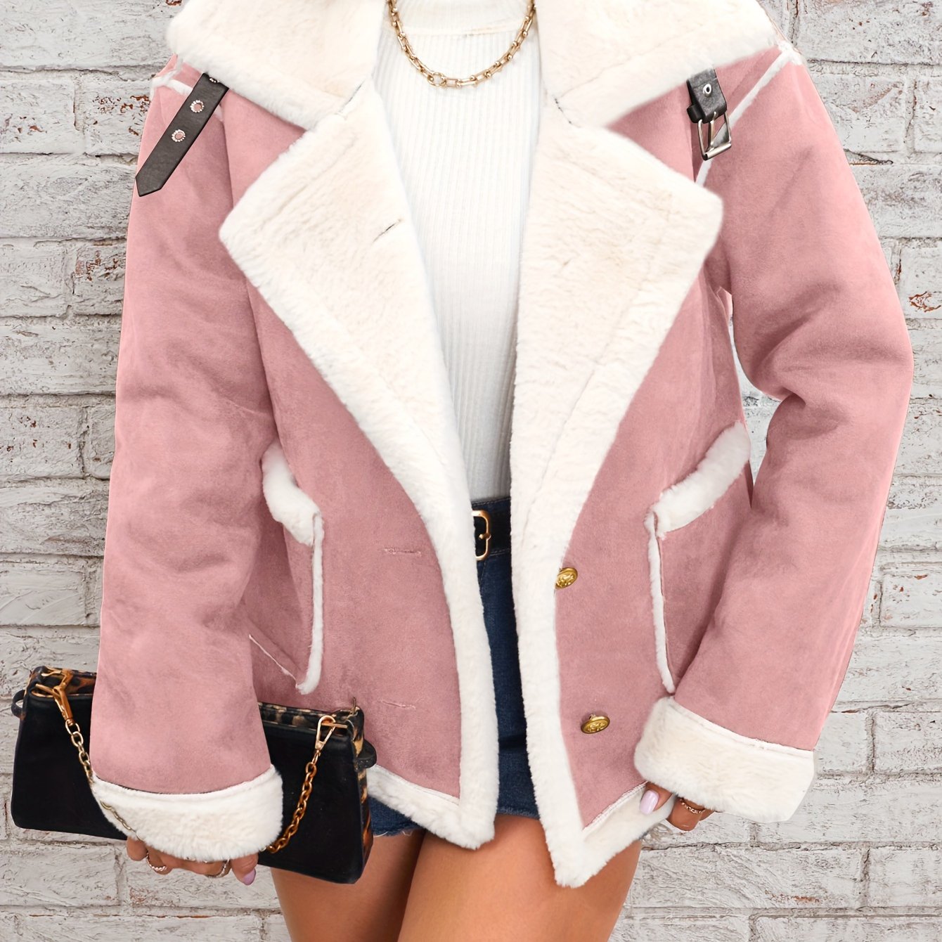 Women's -Like Winter Jacket - Pink & White Collar Coat with Pockets, Machine Washable Outerwear, Soft -like Fabric