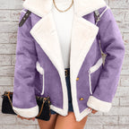 Women's -Like Winter Jacket - Pink & White Collar Coat with Pockets, Machine Washable Outerwear, Soft -like Fabric