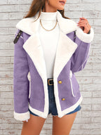 Women's -Like Winter Jacket - Pink & White Collar Coat with Pockets, Machine Washable Outerwear, Soft -like Fabric
