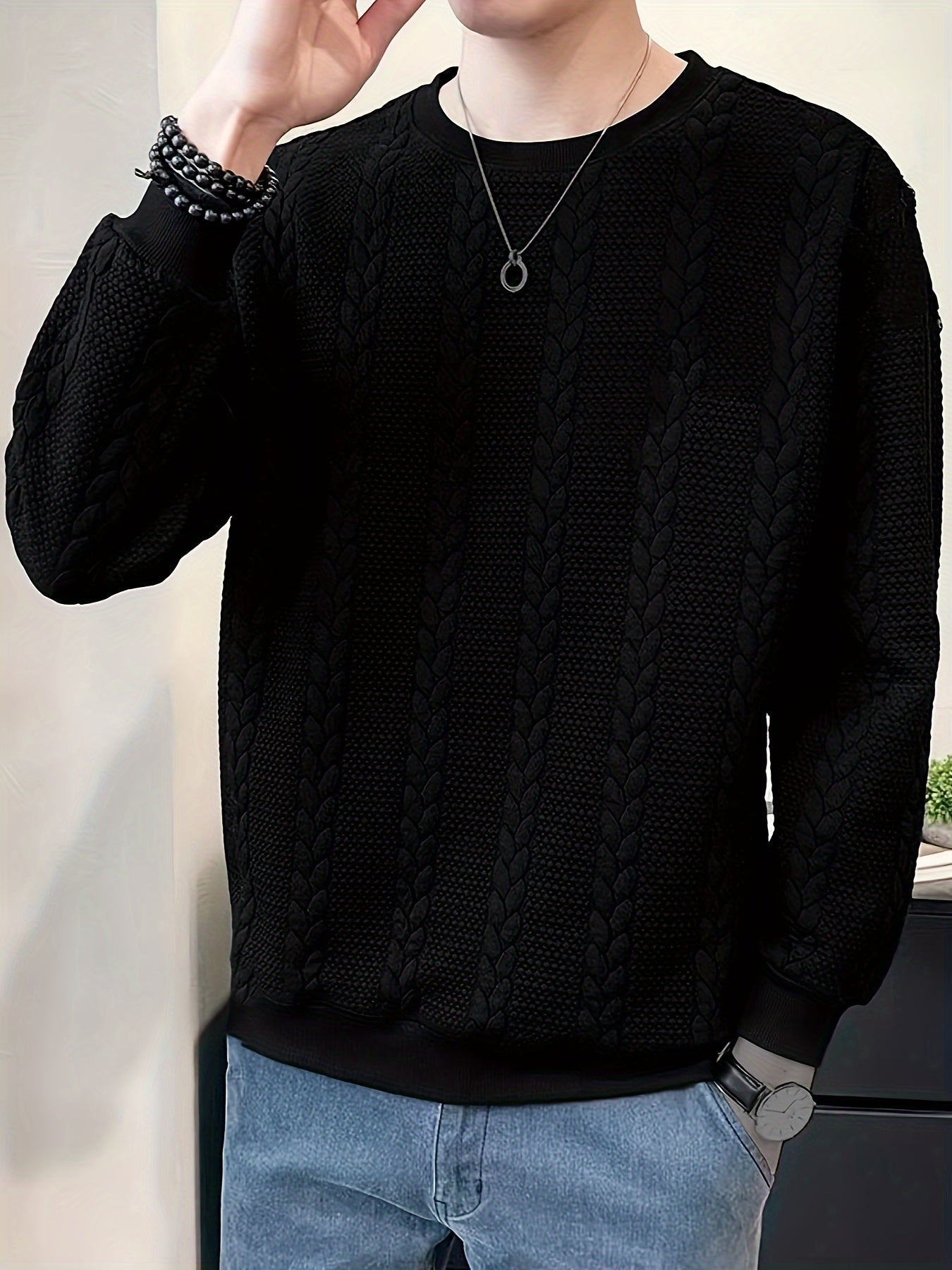 Men's Solid Color Crew Neck Twist Knit Sweater, Autumn/Winter Casual Pullover