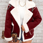 Women's -Like Winter Jacket - Pink & White Collar Coat with Pockets, Machine Washable Outerwear, Soft -like Fabric