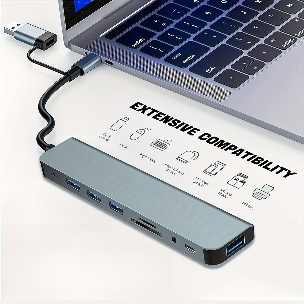 8-in-1 USB Hub With 4 USB Ports, USB-C Connector, TF/SD Card Reader, Audio Output, Compatible With MacBook/iPad Pro/Dell/HP Laptops & Phones, 5.3in Cable - High-Speed Data Transfer & Expansion