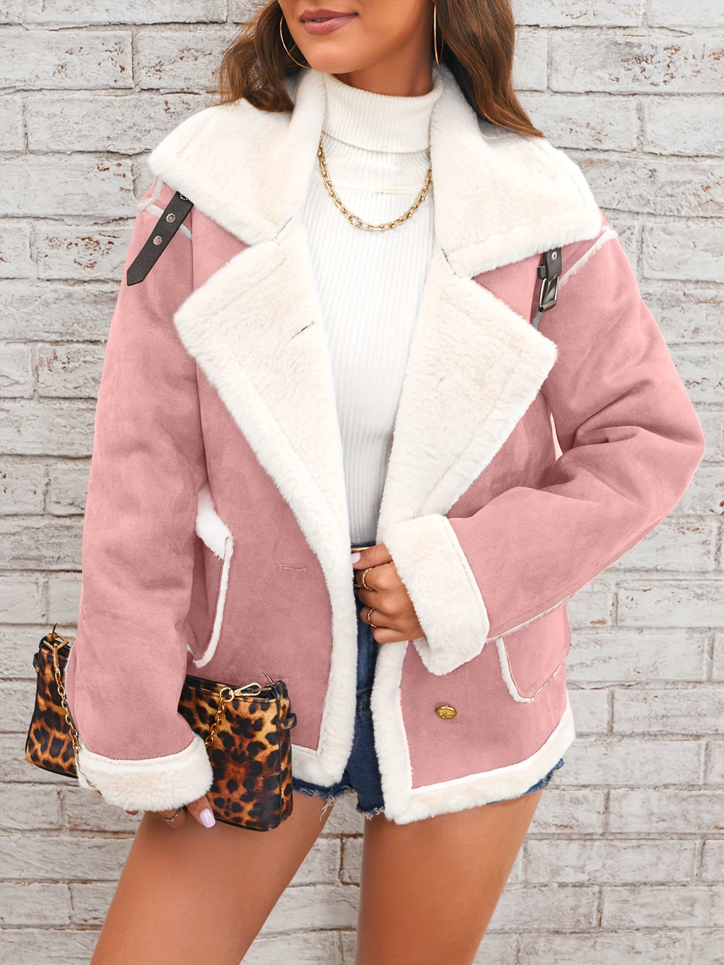Women's -Like Winter Jacket - Pink & White Collar Coat with Pockets, Machine Washable Outerwear, Soft -like Fabric
