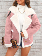Women's -Like Winter Jacket - Pink & White Collar Coat with Pockets, Machine Washable Outerwear, Soft -like Fabric