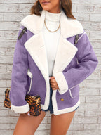 Women's -Like Winter Jacket - Pink & White Collar Coat with Pockets, Machine Washable Outerwear, Soft -like Fabric