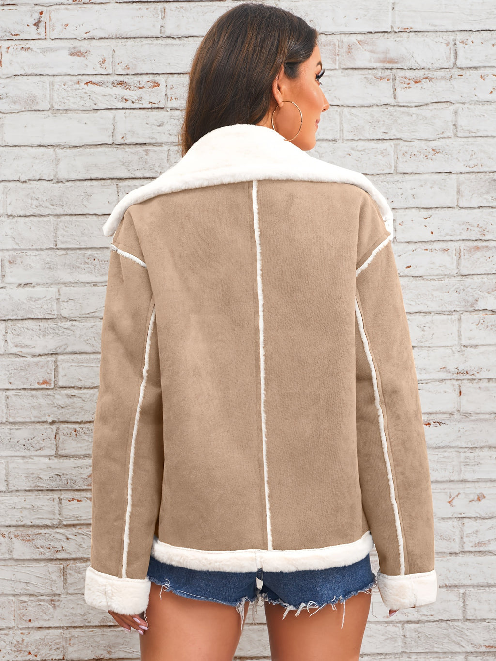 Women's -Like Winter Jacket - Pink & White Collar Coat with Pockets, Machine Washable Outerwear, Soft -like Fabric