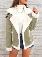 Women's -Like Winter Jacket - Pink & White Collar Coat with Pockets, Machine Washable Outerwear, Soft -like Fabric